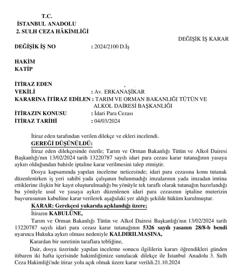 idari para cezasının iptali kararı