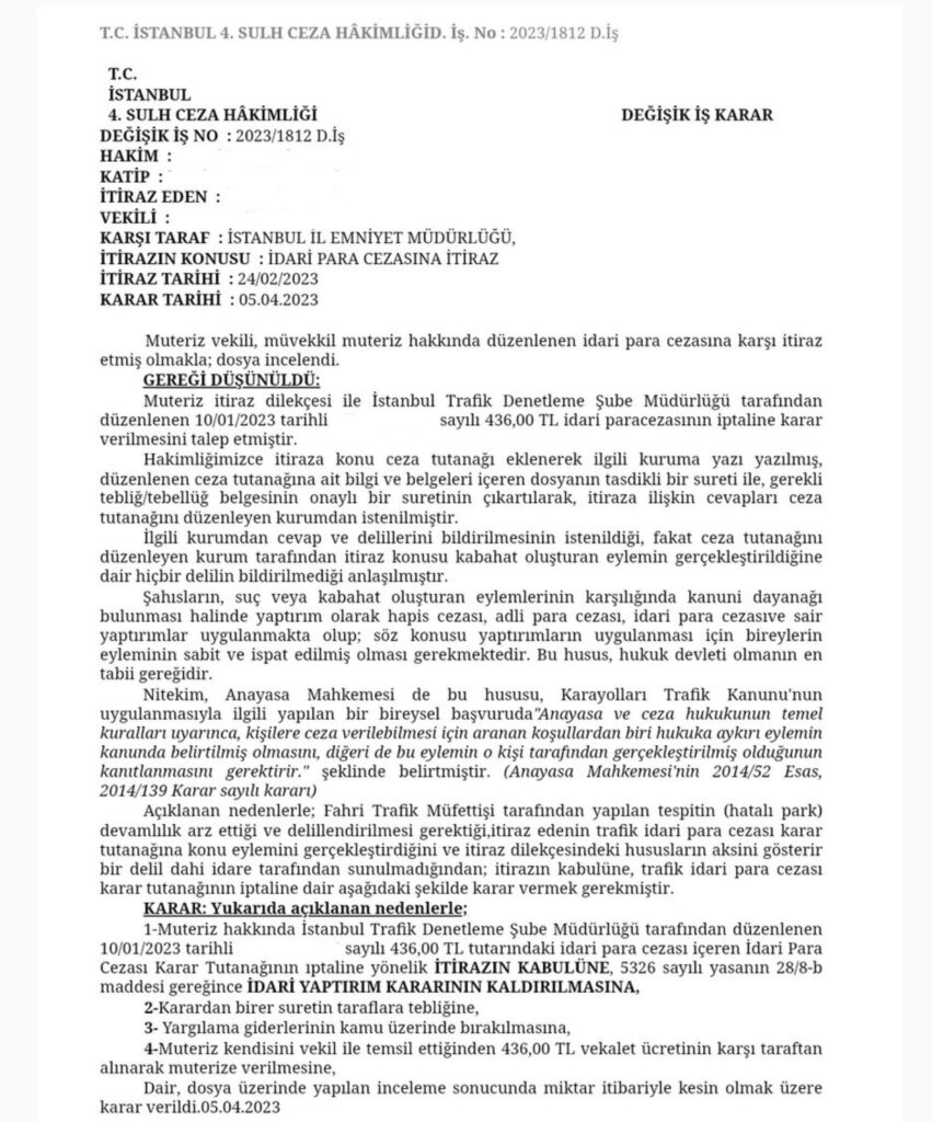 trafik cezası iptal kararı
